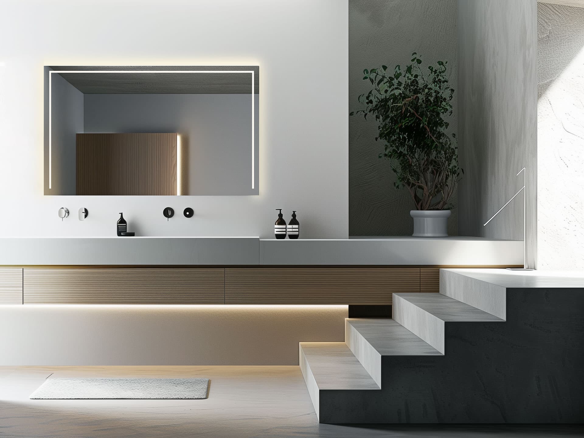 Moderner Badspiegel mit LED-Beleuchtung an linken, rechten und oberen Seiten, montiert an einer Badezimmerwand