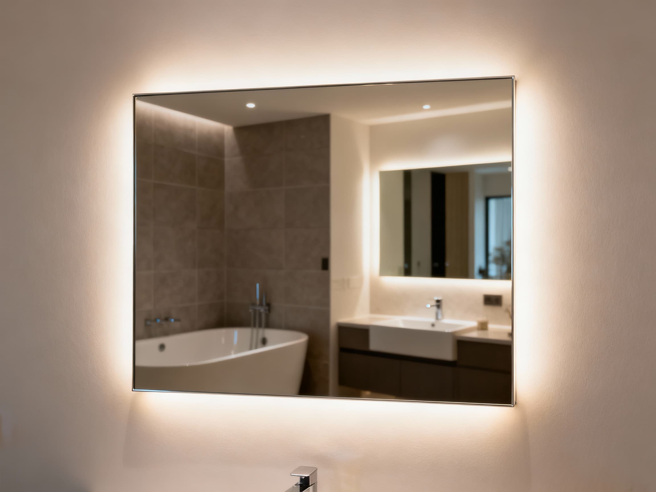 Hinterleuchteter Badspiegel nach Maß, rechteckig, sanft leuchtend mit LED, montiert in einem modernen Badezimmer mit stilvoller Einrichtung, angenehme Atmosphäre durch indirekte Beleuchtung