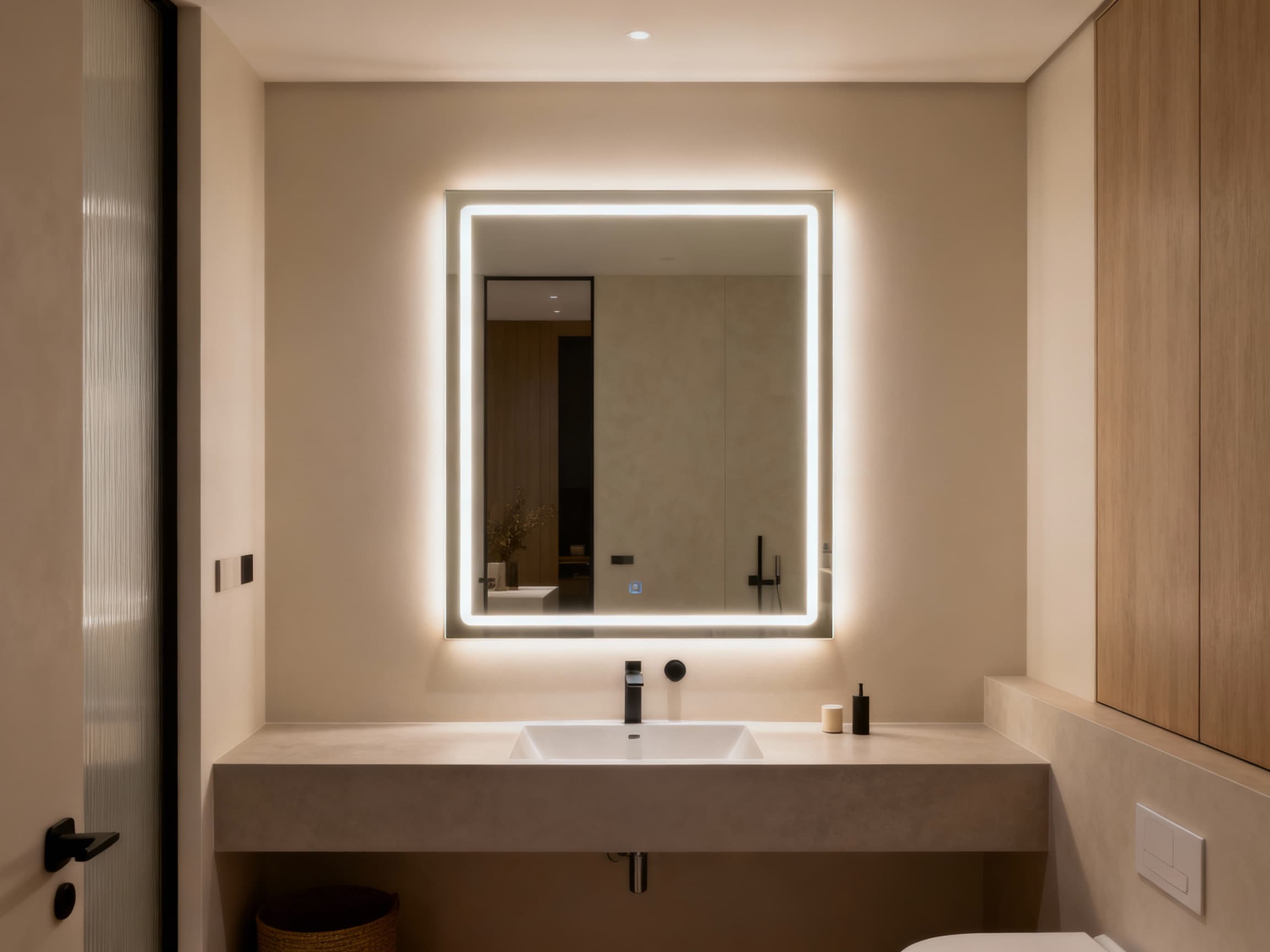 Moderner runder Badspiegel nach Maß, beleuchtet mit LED, montiert an einer Badezimmerwand, aus größerer Entfernung fotografiert, keine Nahaufnahme, gesamte Spiegel und Raum sichtbar