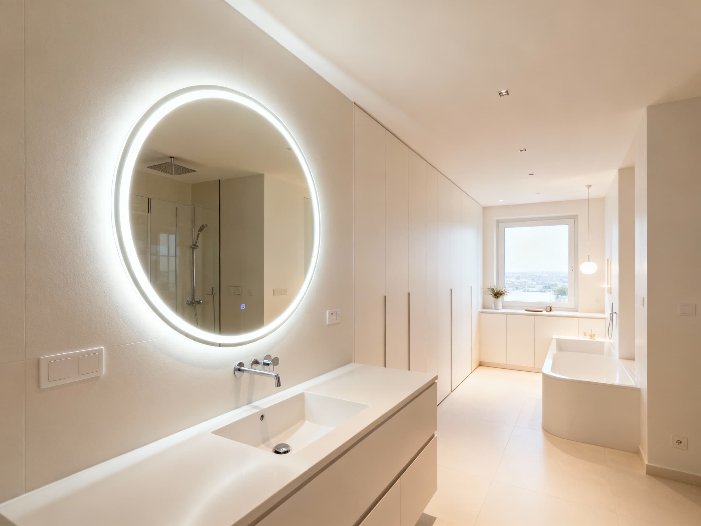 Moderner individuell angefertigter Badspiegel nach Maß, rechteckig, beleuchtet mit LED, montiert an einer Wand in stilvollem Badezimmer, Spiegel aus Entfernung gezeigt, keine Nahaufnahme, gesamte Spiegel und Umgebung sichtbar