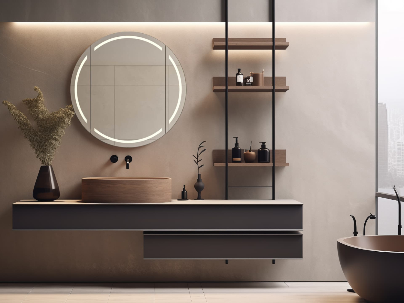 Runder Spiegelschrank mit Sandstrahlung und Alu-Rahmen