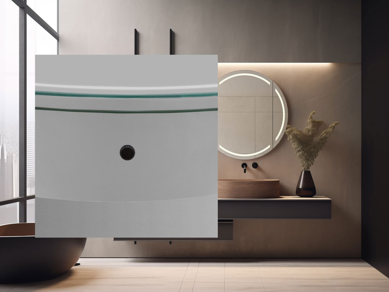 Runder Spiegelschrank mit Sandstrahlung und Alu-Rahmen