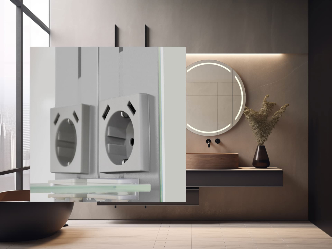 Runder Spiegelschrank mit Sandstrahlung und Alu-Rahmen