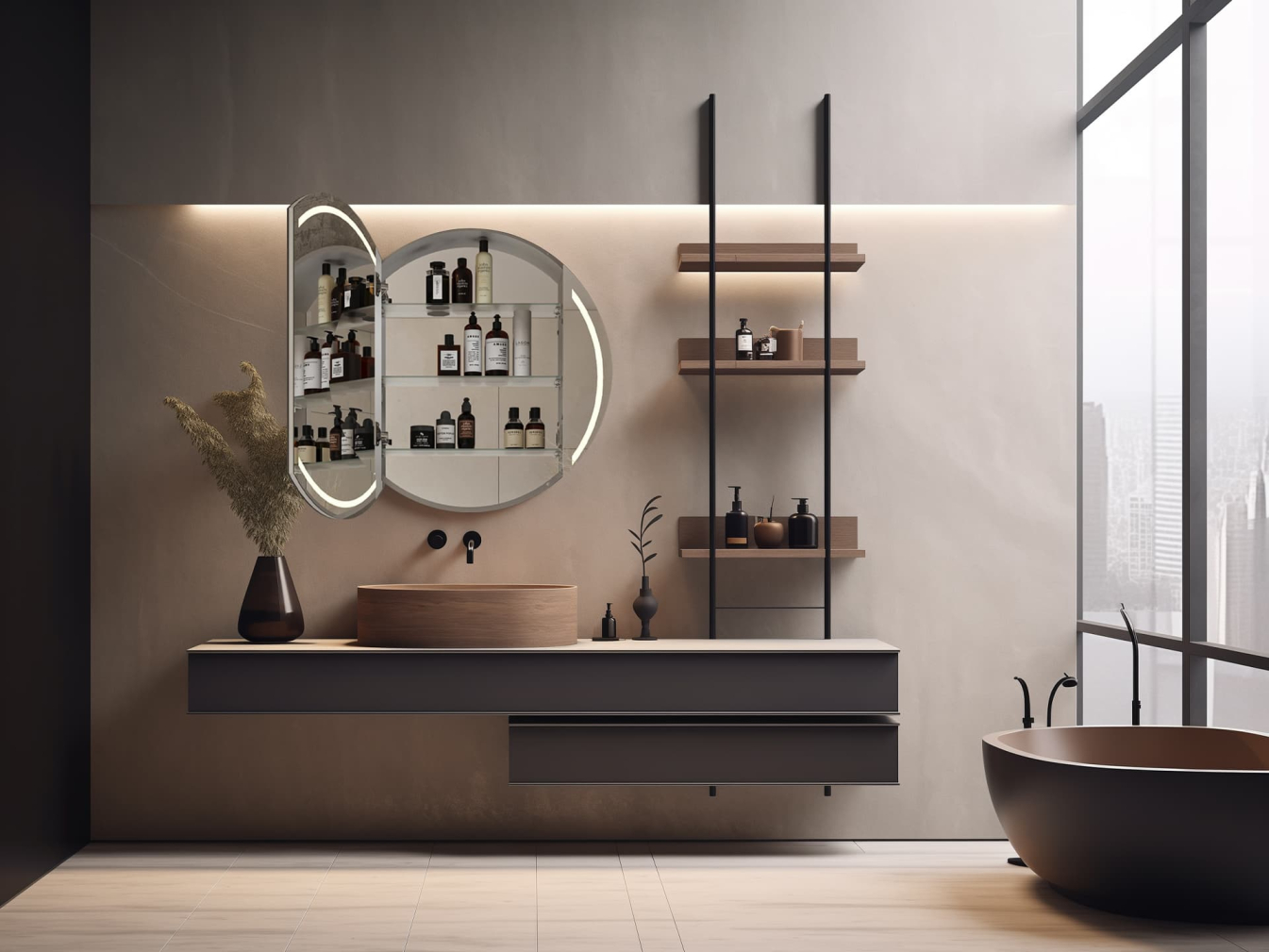 Runder Spiegelschrank mit Sandstrahlung und Alu-Rahmen